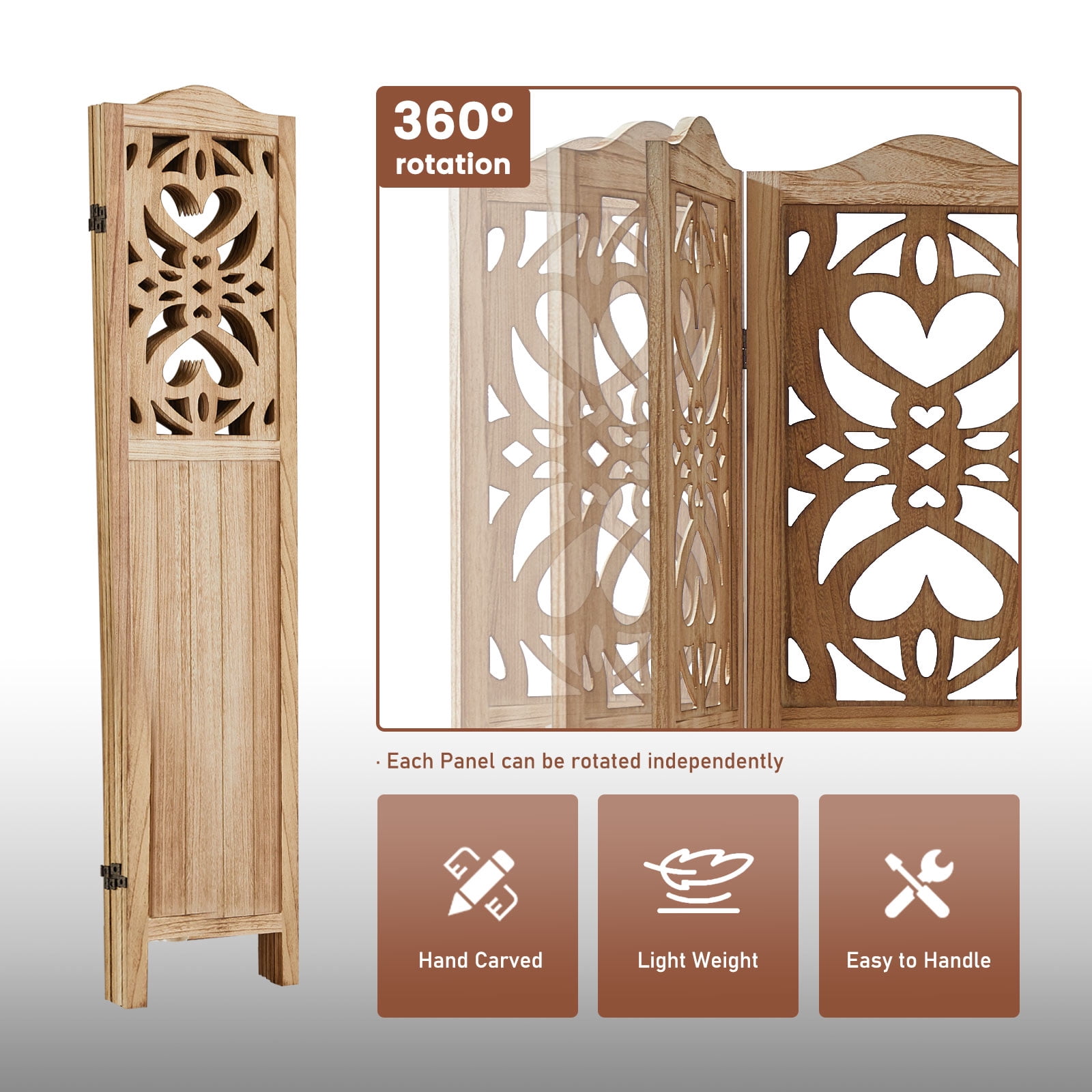 Aletheiawu 4 Panel Wood Carved Room Divider and Folding Screen, No Installation Required，Light Brown