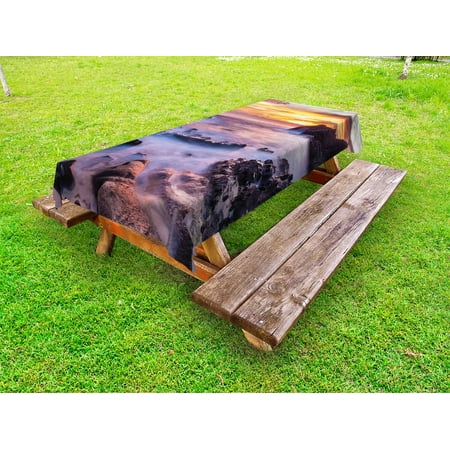 

Hawaiian Outdoor Tablecloth Colorful Sunrise at Halona Cove Eternity Beach Oahu Foggy Coast Seascape Decorative Washable Fabric Picnic Table Cloth 58 X 84 Inches Yellow Orange Purple by Ambesonne