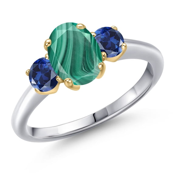 Gem Stone King 925 Silver and 10K Yellow Gold Green Malachite and Blue Created Sapphire Engagement Ring for Women | 2.50 Cttw | Oval 8X6MM | Gemstone Birthstone | Size 8