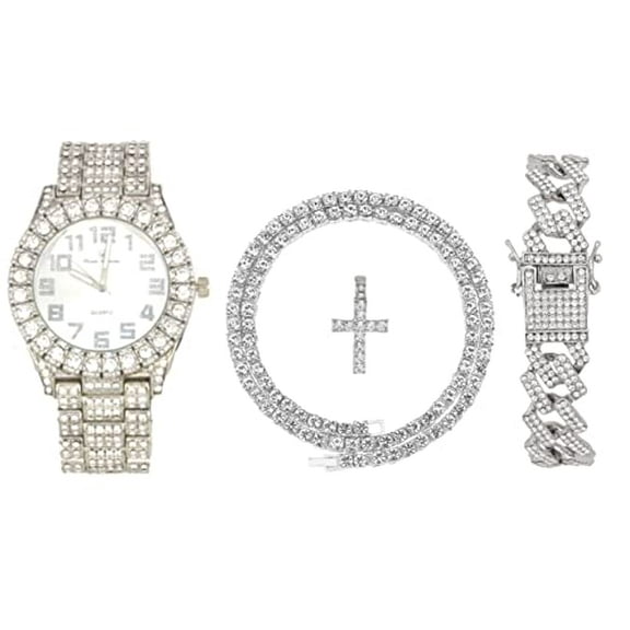 Charles Raymond Luxury Mens Iced Out Tennis Cross Necklace w/Diamond Quartz Wristwatch - Be Lit & Choose The Matching Blinged Out Cuban ZZ Bracelet Set - ST10327AR SLV Shiny Dial 3pc Set (18")