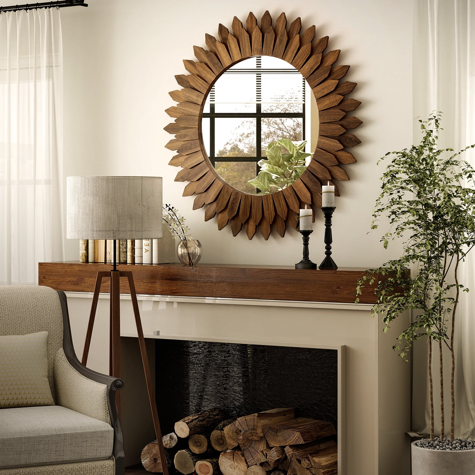 Easy4Home 24" Rustic Wood Mirror Wall Decoration Hanging Round Mirror,Dark Brown