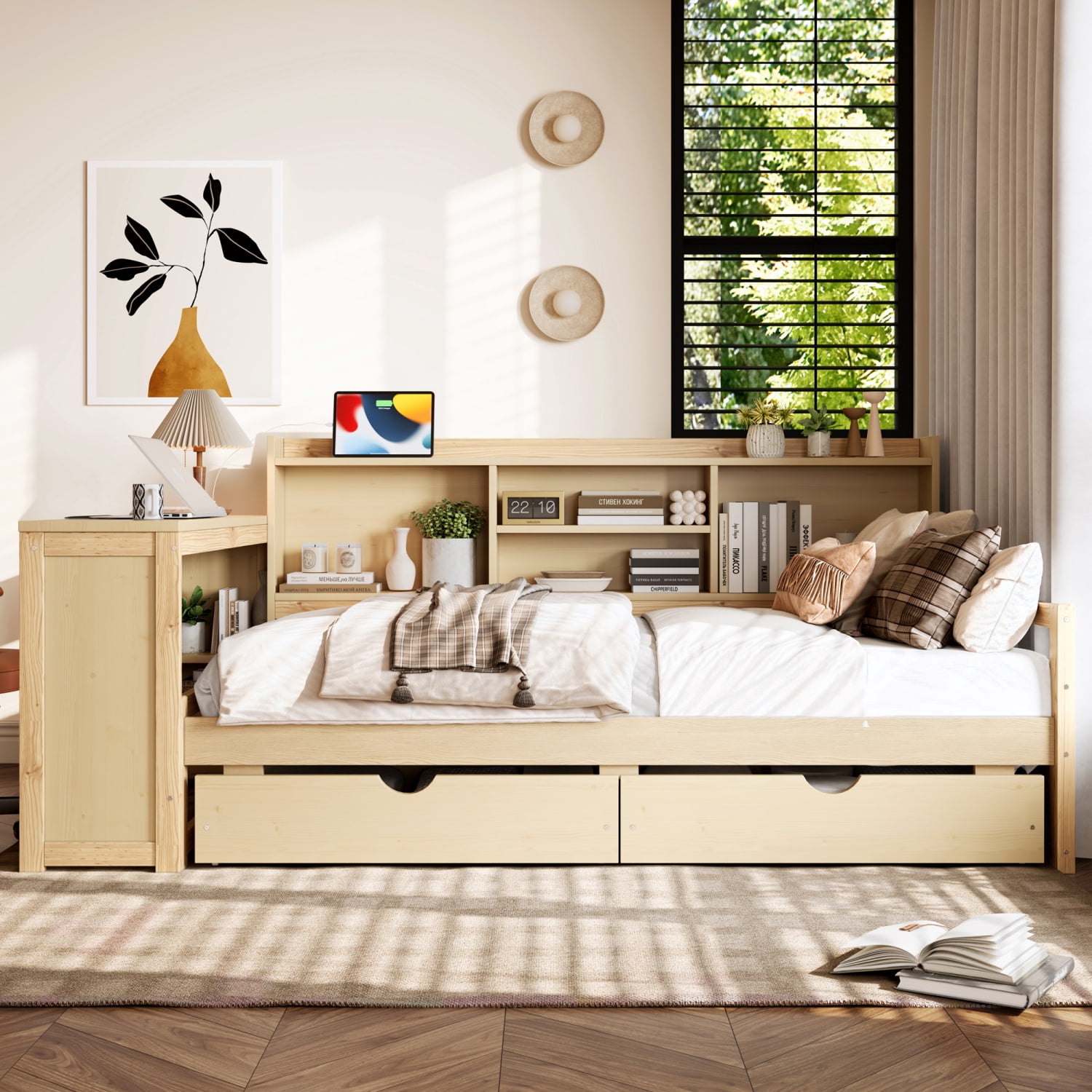 Leumius Twin Size Corner Bed with Desk and Storage Bookcase,Modern Daybed with 2 Drawers,Twin Size Wood Bed Frame with Charging Station,Natural