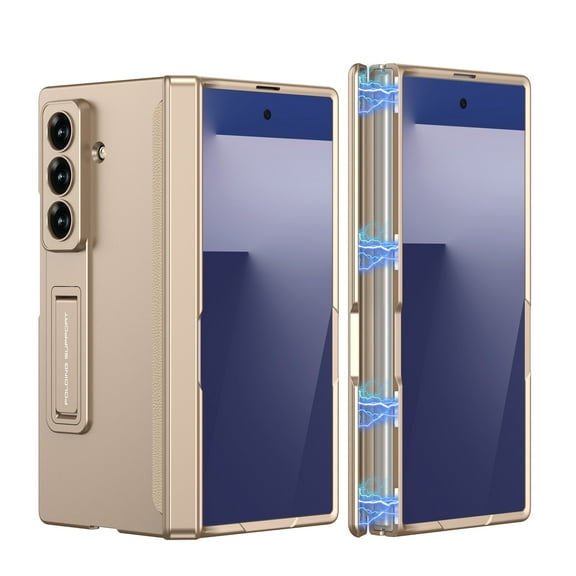 Dteck for Galaxy Z Fold 7 Case with Hinge Protection and Kickstand, Shockproof Magnetic Hard Rugged Protective Cover, Gold