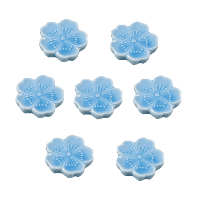 7pcs Japanese Style Ceramic Sakura Flower Chopstick Rest Spoon Fork Knife Holder, Light Blue
