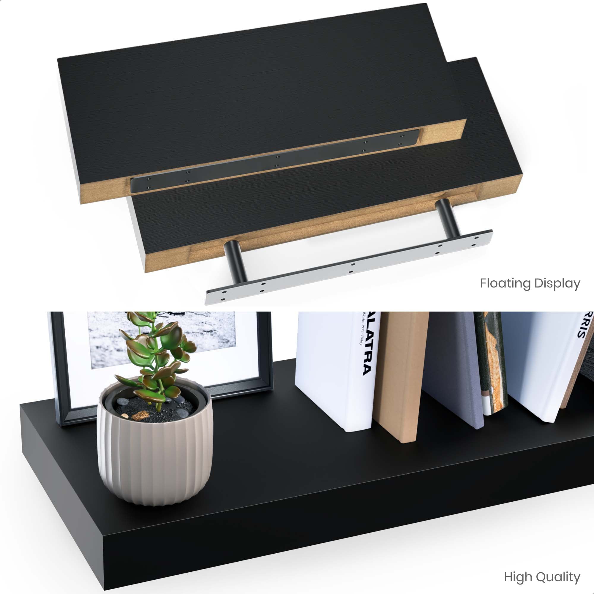 Ballucci 16" Floating Shelves for Wall, 2-Pack with Invisible Brackets, 6" Deep, Black