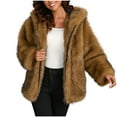 thumbnail image 3 of QATAINLAV Women's Faux fur Hoodie Jacket Warm Fleece Overcoat Solid Color Shaggy Winter Coat Hooded Outerwear, Brown, M, 3 of 10