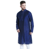 Shatranj Men's Indian Classic Collar Long Kurta Tunic with Embroidered Placket; Royal Blue