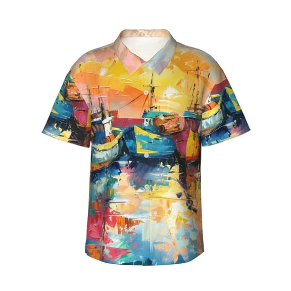 Gukieu Colorful Fishing Boats Print Men's Short-sleeved Shirts, Button-down Lapel Hawaiian Shirts, T-shirts, Beach Vacation Summer Casual Wear,Small