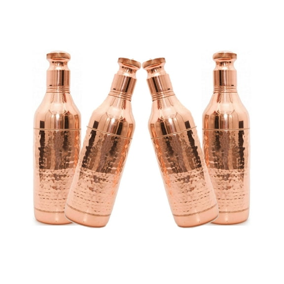 100% Pure Copper Hammered Champagne Design Shape 1 Liter Water Bottle Ayurvedic Copper Vessel (4 Pcs)