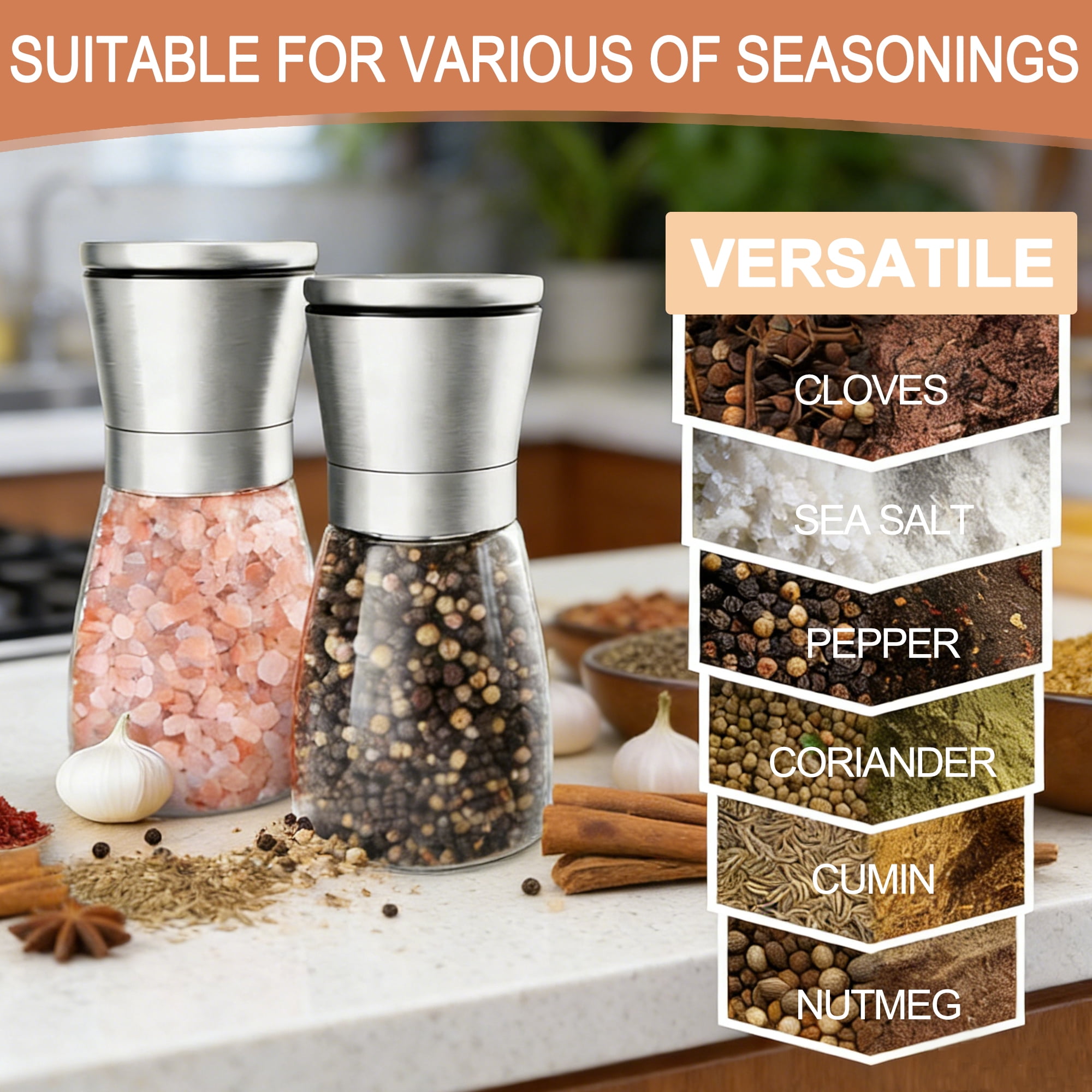 2 Pack Salt and Pepper Grinder Set, Adjustable Coarseness Stainless Steel Spice Mills, Manual Spice Grinders for Sea Salt Black Pepper Spices