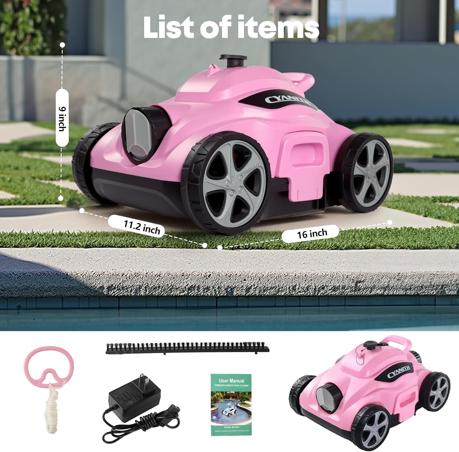 Cyanith MF-PC01 Cordless Robotic Pool Cleaner, 110-Min Runtime, Self-Parking, Adjustable Nozzles, for Above-Ground and Flat-Bottom Inground Pools up to 1026 Sq Ft,pink
