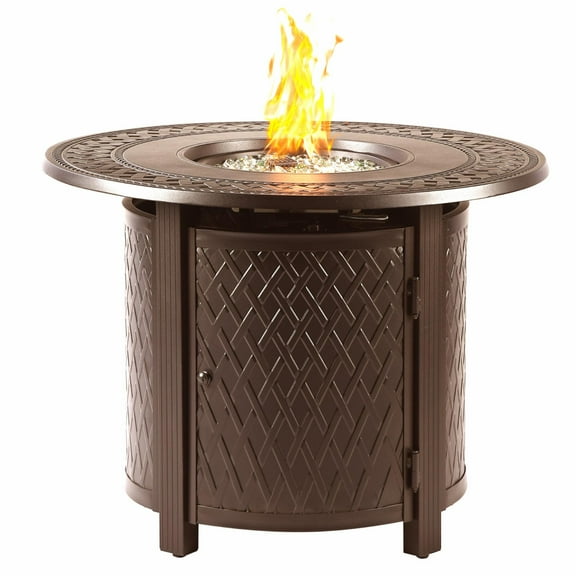 Oakland Living Round 34 in. x 34 in. Aluminum Propane Fire Pit Table with Glass Beads, Two Covers, Lid, 37,000 BTUs - N/A Brown Espresso Finish