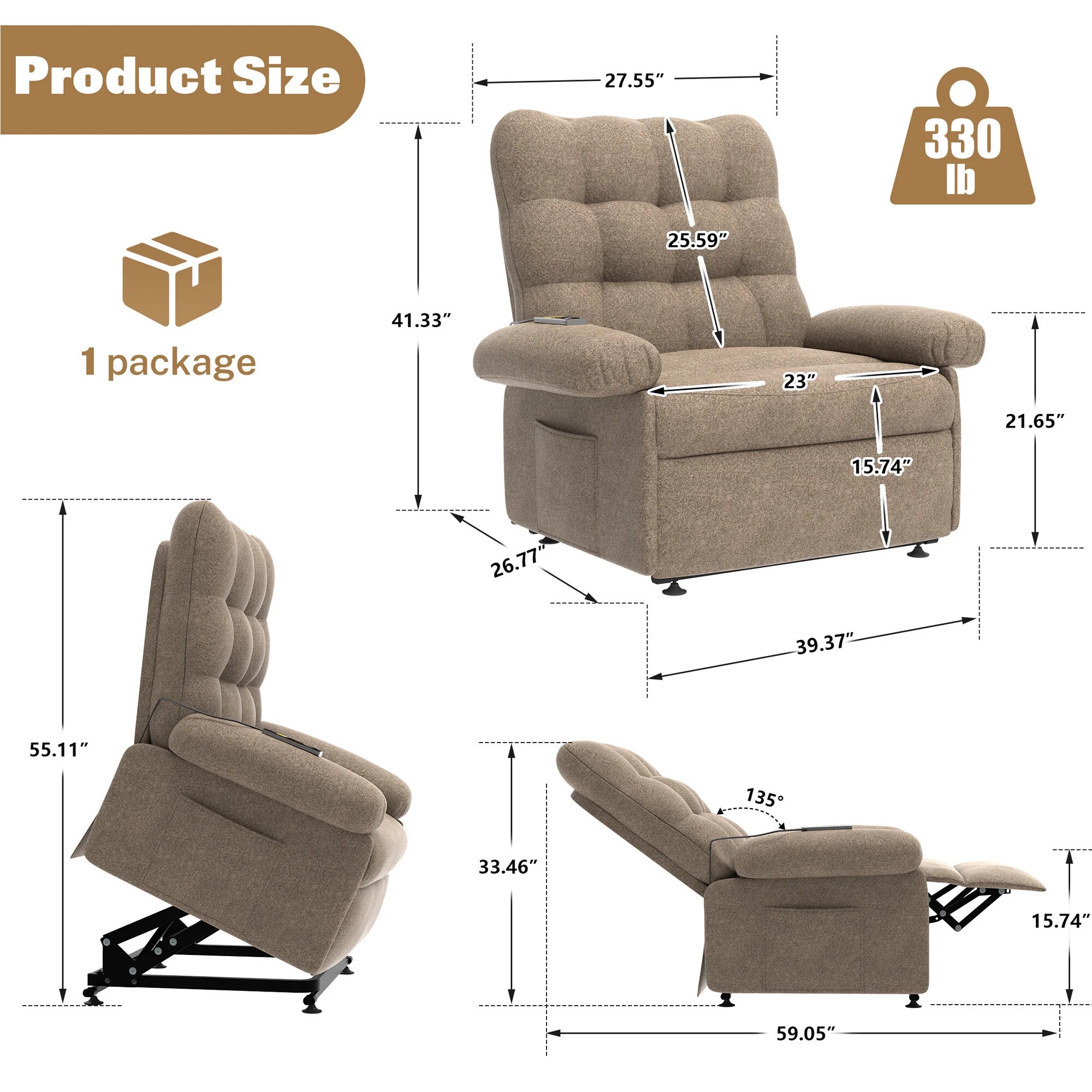 Power Lift Recliner for Elderly and Adults, HSUNNS Heavy Duty Electric Lift Chair with Side Pockets, Recliner Chair with Anti-slip Function, recliner on sale or clearance, Brown