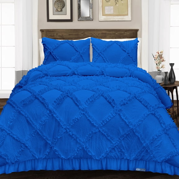 SGI Bedding 3 Piece Cotton Diamond Ruffle Duvet Cover Egyptian Blue Solid 600TC Twin
