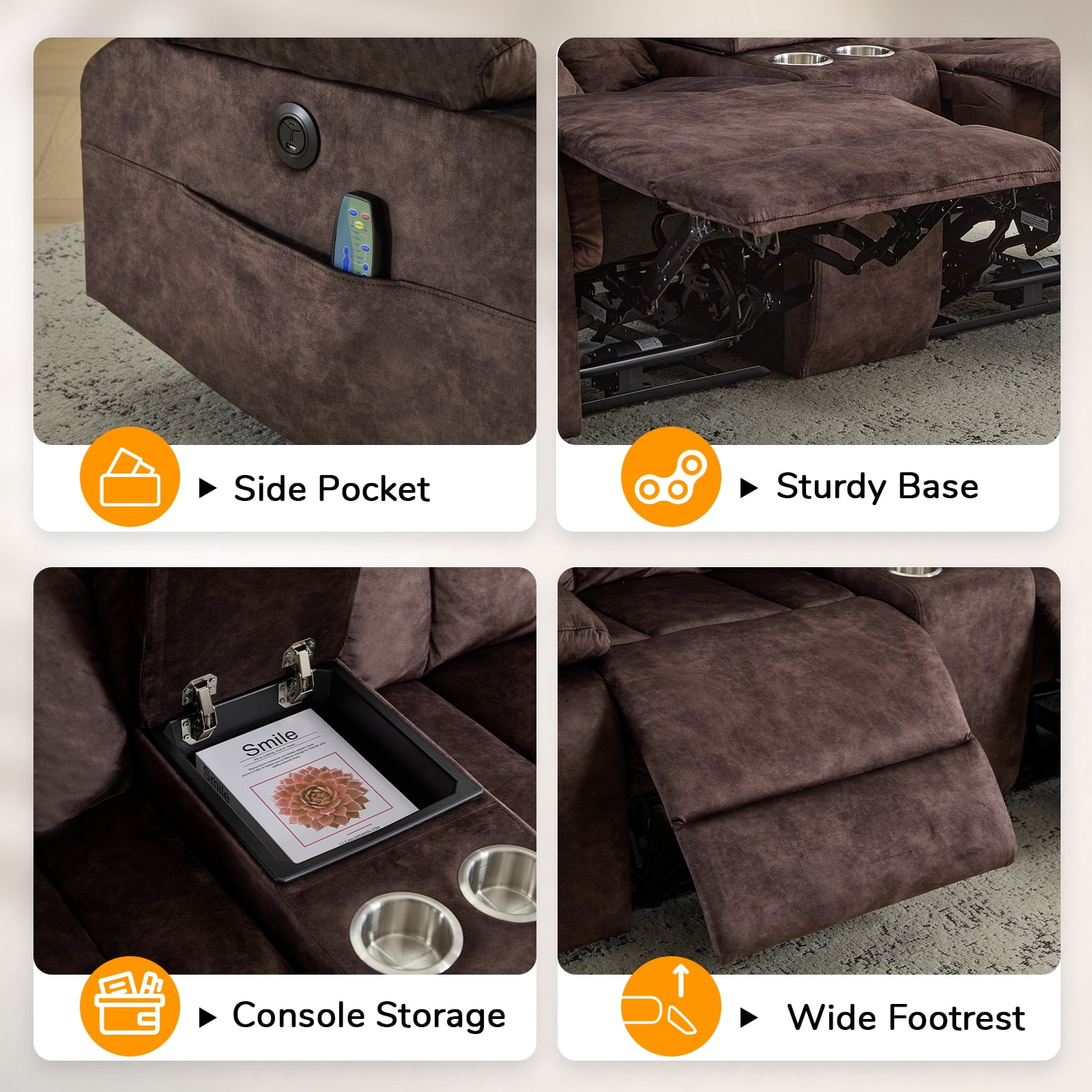Power Recliner Loveseat Sofa with Console Storage, Heat & Massage, Reclining Sofa Couch with Cup Holders, USB & Type-C Ports, Dutch Velvet Recliner Couch for Living Room, RV,Office,Apartment