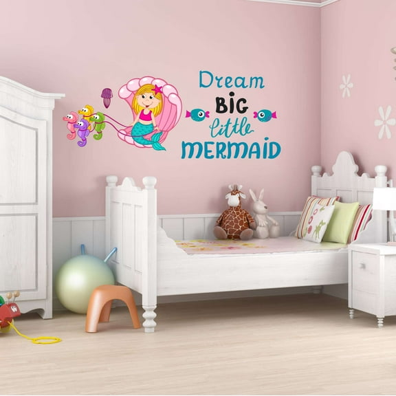 Dream Big Little Mermaid Half Shell Seahorse Sled Statfish Princess Fish Starfish Queen Sweet Dreams Bedtime Unicorn Lovely Dear Dream Decorating Wall Decal Sticker - Size: 30 In X 12 In