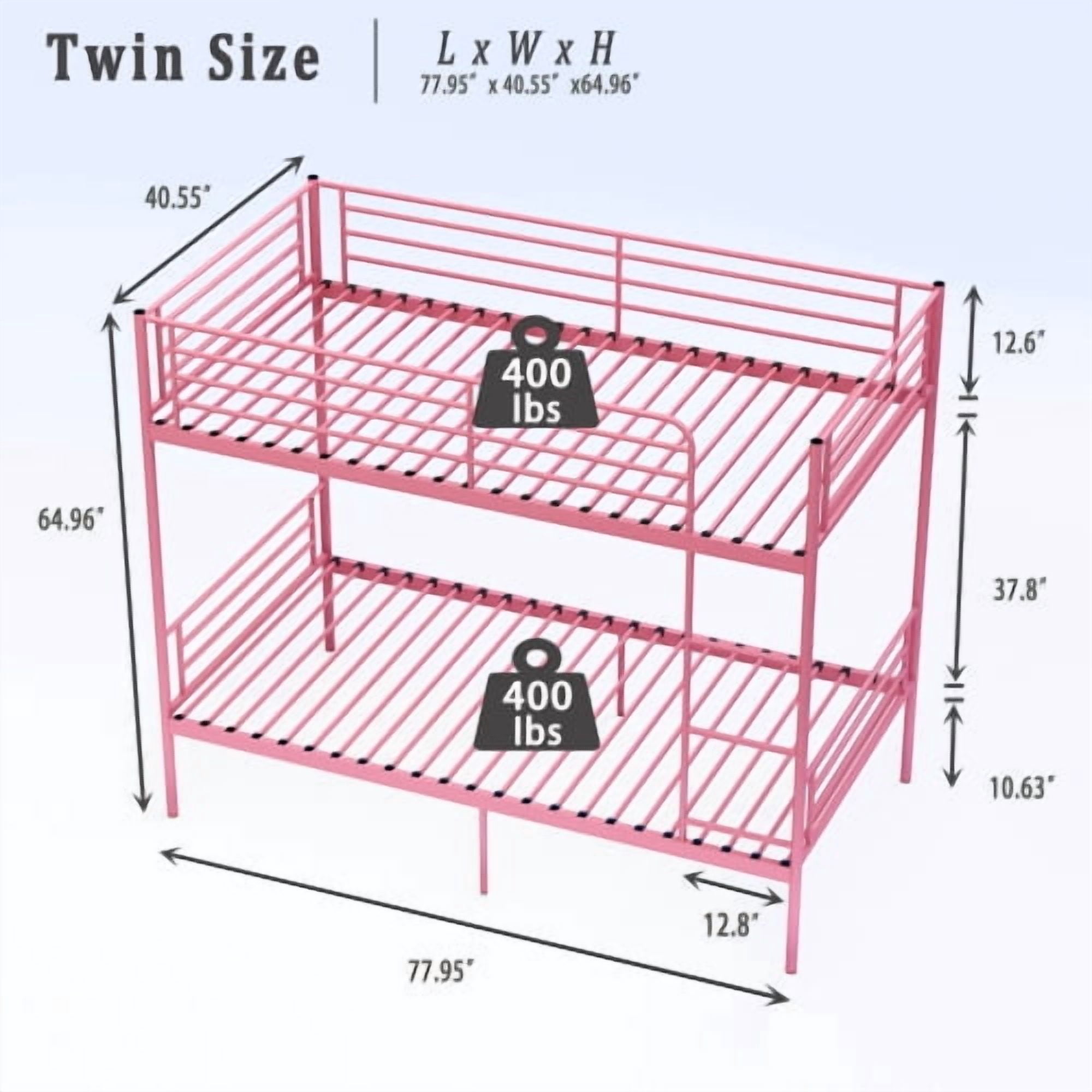Twin Over Twin Metal Bunk Bed with Ladder and High Guardrail, Convertible to 2 Twin Beds, Noise-Free, Storage Space, Pink