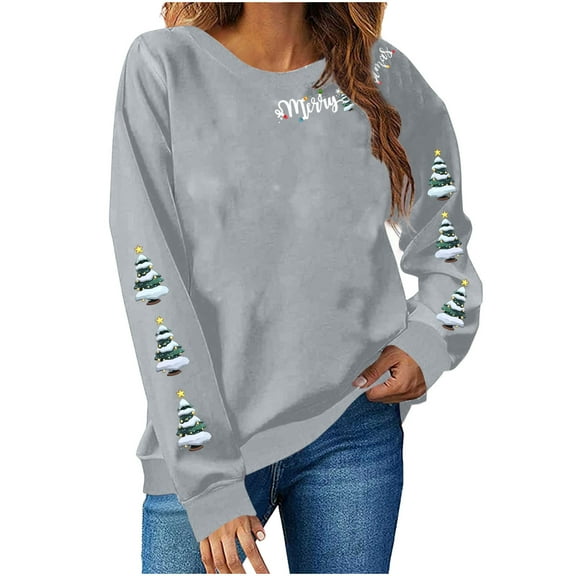 Lcziwo Tree Christmas Sweatshirts for Women Casual Fashion Fall 2025 Outfits Funny Graphic Print Oversized Pullovers Long Sleeve Crew Neck Soft Tops Gray,XL