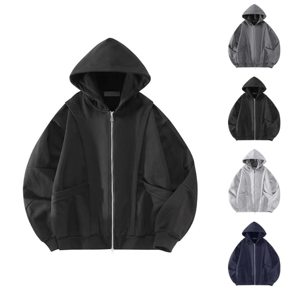 Zip Up Hoodie Men Fall Winter Long Sleeve Plain Oversized Hooded Sweatshirt with Pockets Cardigan Jacket Outerwear