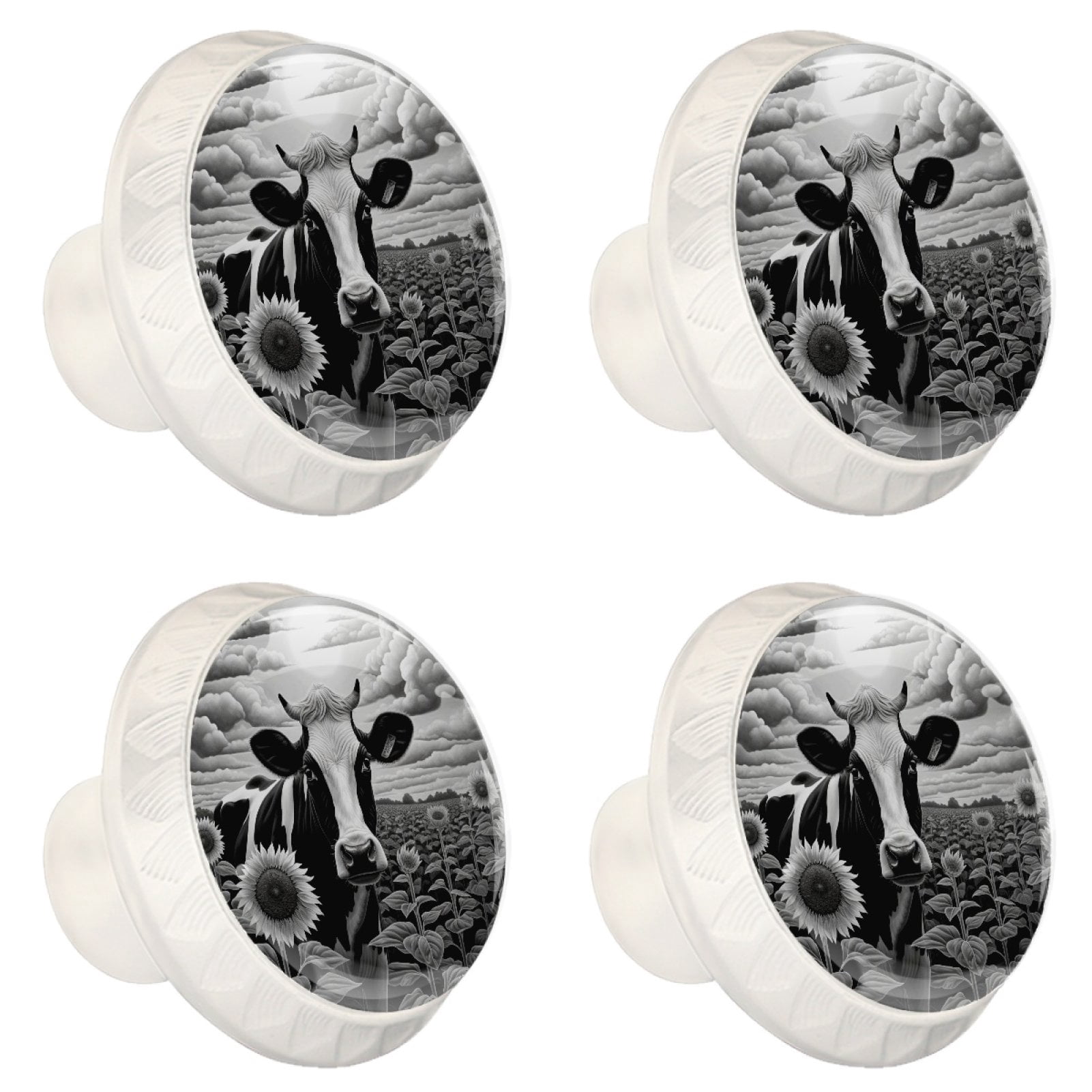 4 Pcs Cow and Sunflower Knobs for Kitchen Cabinet Cupboard Dresser Bookcase Drawer Pulls Handles Round Home Decor