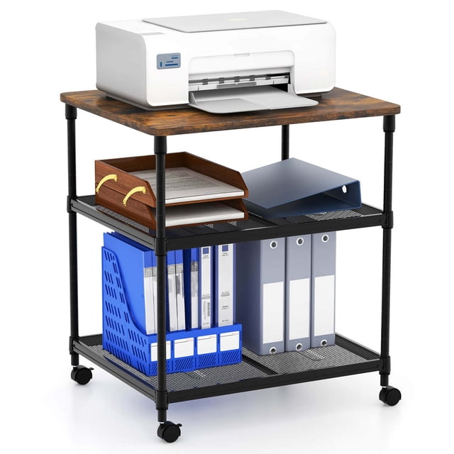 Costway Support d'Imprimante à 3 Niveaux Chariot de Fax Roulant avec Tablette Réglable et Roue Pivotante Brun