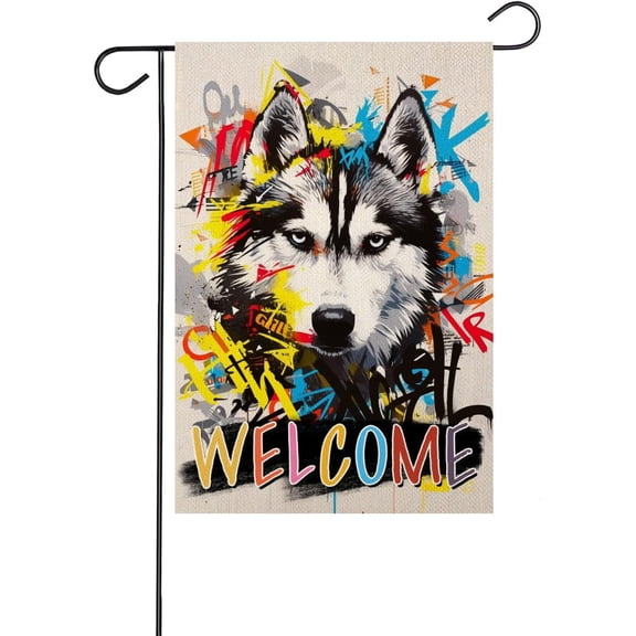 Funny Husky Dog Welcome Linen Garden Flag Double Sided Outdoor Decoration Banner for Yard or Lawn 12 x 18 Inch