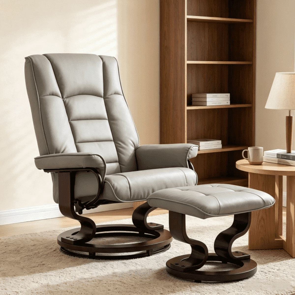 Faux Leather Reclining Chair, Tufted Back & Wood Frame, Manual Recliner, Gray