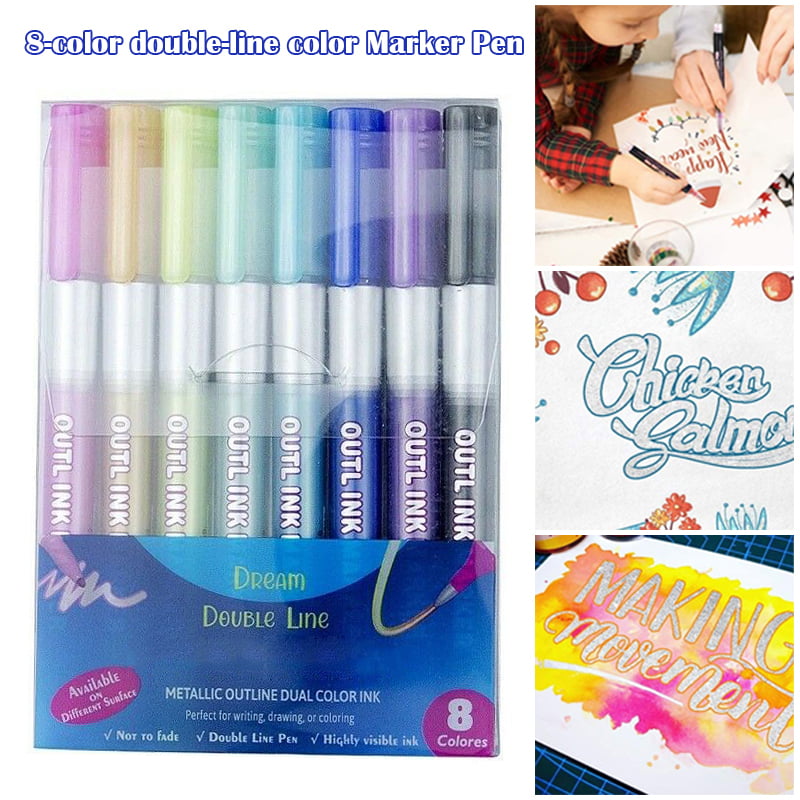 8 Colors Metallic Double Lines Doodle Art Drawing Markers Outline Pen Set Gift 