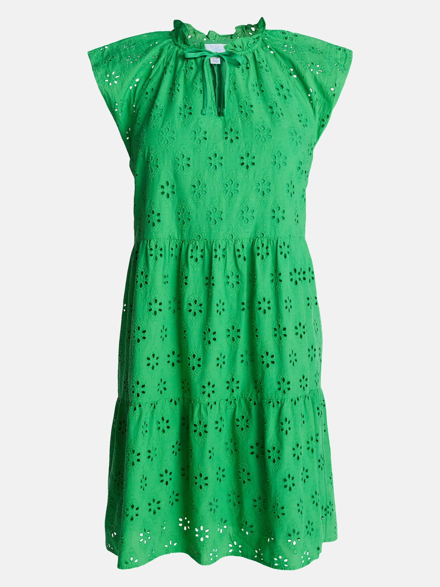 Time and Tru Women's Tiered Cotton Eyelet Mini Dress with Flutter Sleeves, Sizes XS-XXXL