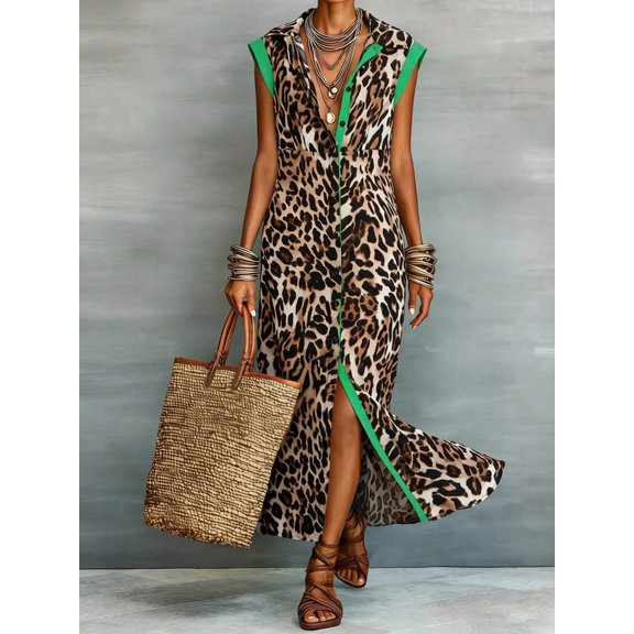 Womens Leopard Print Sleeveless Shirt Dress With Vibrant Green Trim Elegant Vacation Summer Maxi