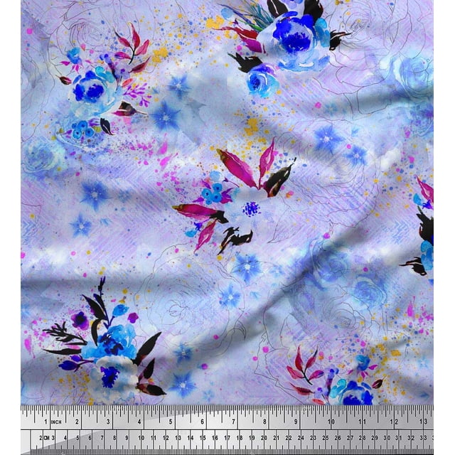 Soimoi Tissu en Soie Feuilles et Imprimé de Fleurs de Roses, Tissu au Mètre, 42 Pouces de Large