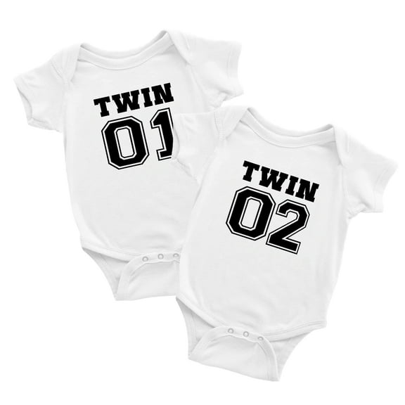 Body Twin Bodysuit Clothes Sports Jersey Numbers 01 and 02 Outfits Gift for Twins (White, 0-3M)