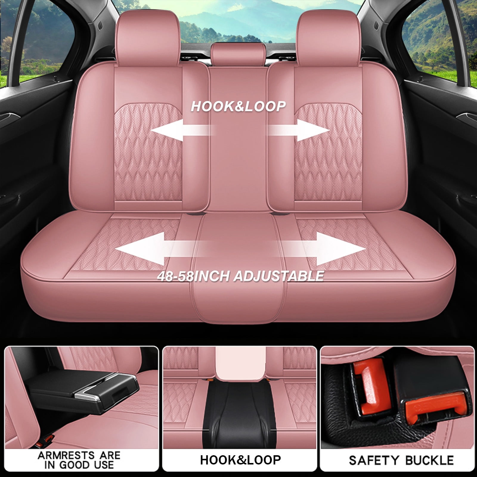 OTOEZ Universal Pink Car Seat Cover Nappa Leather 5-Seat Full Set Waterproof Front & Rear Cushion Protector Fit Most Honda Toyota Chevy Ford Nissan SUV
