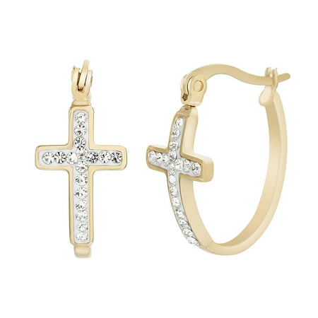 Crystal Hinge - Lesa Michele Ladies Crystal Cross Hinge Hoop Earrings in Gold IP Plated Stainless Steel
