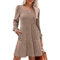 thumbnail image 7 of Ndbuld Womens Long Sleeve Fall Dresses Women's Casual Solid Color Lantern Sleeve Pocket Knitted Striped Dress,Khaki,2XL, 7 of 7