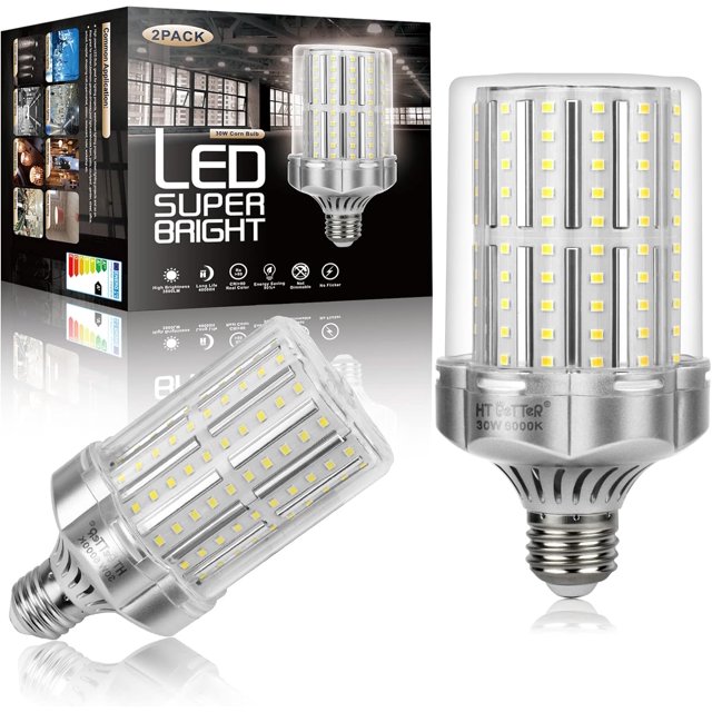 czcpp-Corn Bulb, 30W E26 Base LED Light Bulb, 3800 Lumens, Equivalent to 250W-300W Incandescent Light Bulbs, Edison Screw-in Bulb,Not Dimmable, No Flicker, 2 Pack (Silver, 6000K Daylight White)