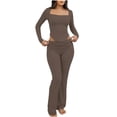 thumbnail image 2 of ylioge Womens Pajama Sets 2 Piece Loungewear Yoga Outfits Trendy Solid Color Stretchy Slim Long Sleeve Cropped Tops Bootcut Pants Homewear Pajamas Set, 2 of 4
