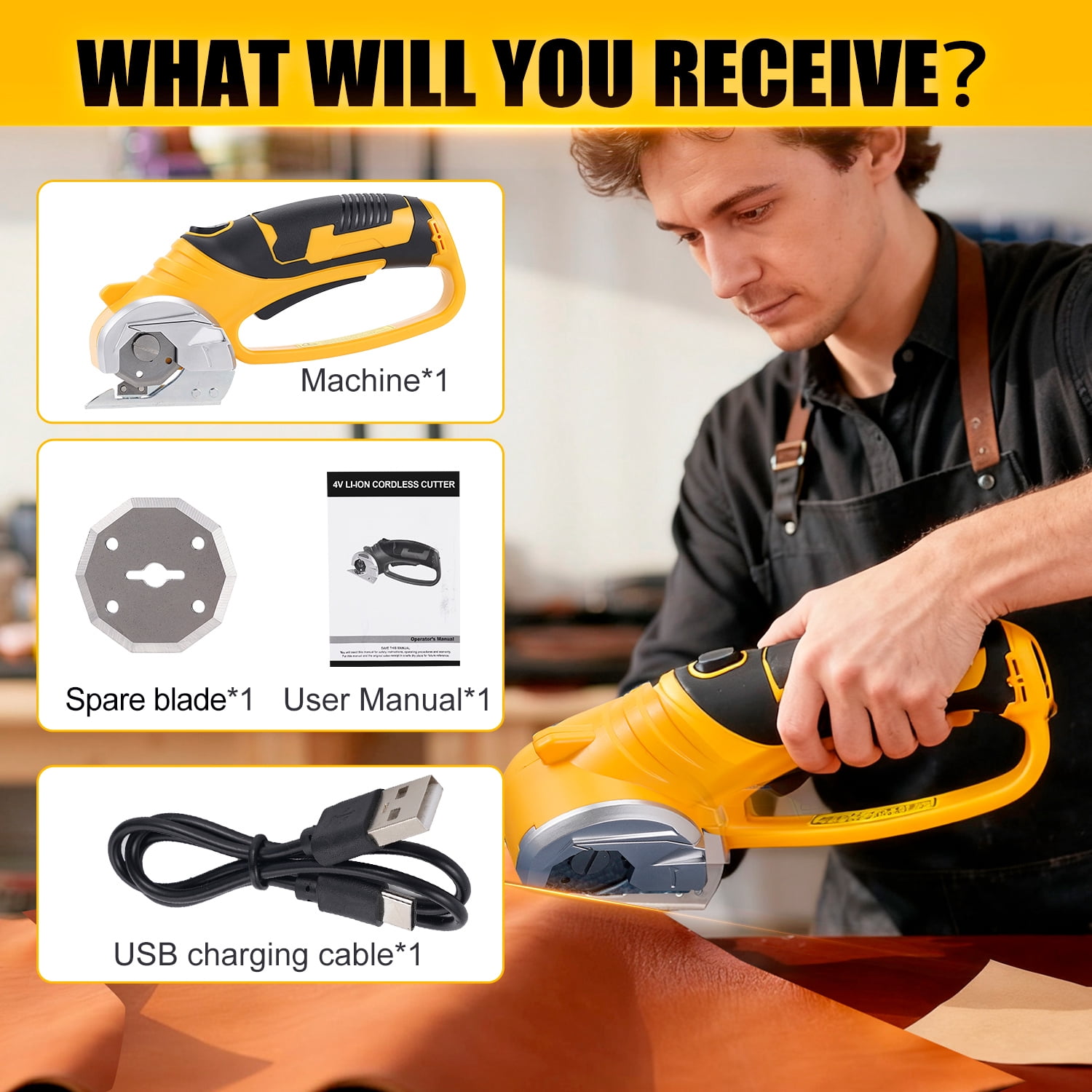 HORMY Cordless Electric Scissors with Blade, 3.6V Super Scissors Rechargeable with Safety Lock, for Cardboard Cutting Fabric Paper Sewing, Yellow
