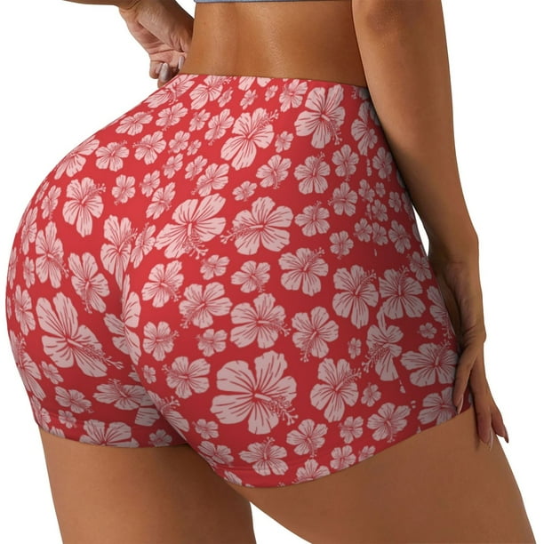 Fotbe Red Hibiscus Flower Shorts Sin Costuras – Shorts Deportivos de Cintura Alta para Mujer, Elásticos para Gimnasio, Yoga, Running o Ciclismo-Large