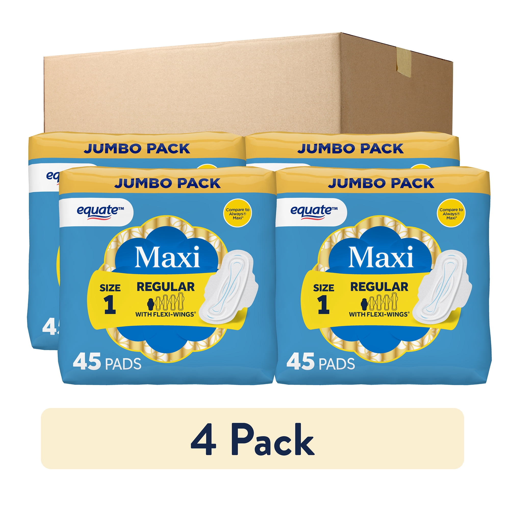 Equate Maxi Pads with Wings, Size 1, Regular Absorbency, Compare to Always® (180 Count)