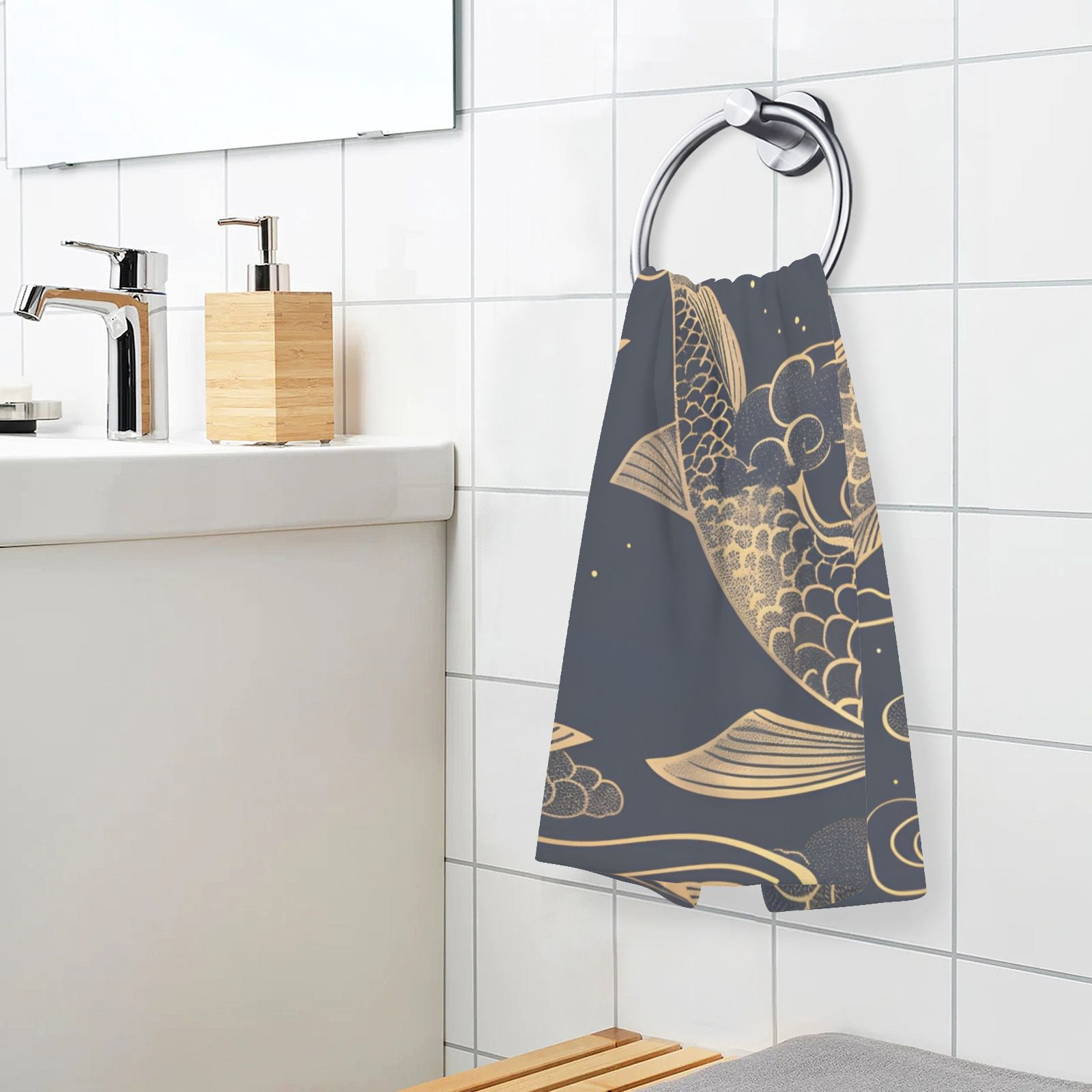 Gold Line Fish Hand Towels Cotton Bath Towels Large Face Towels Absorbent for Bathroom 2 Packs