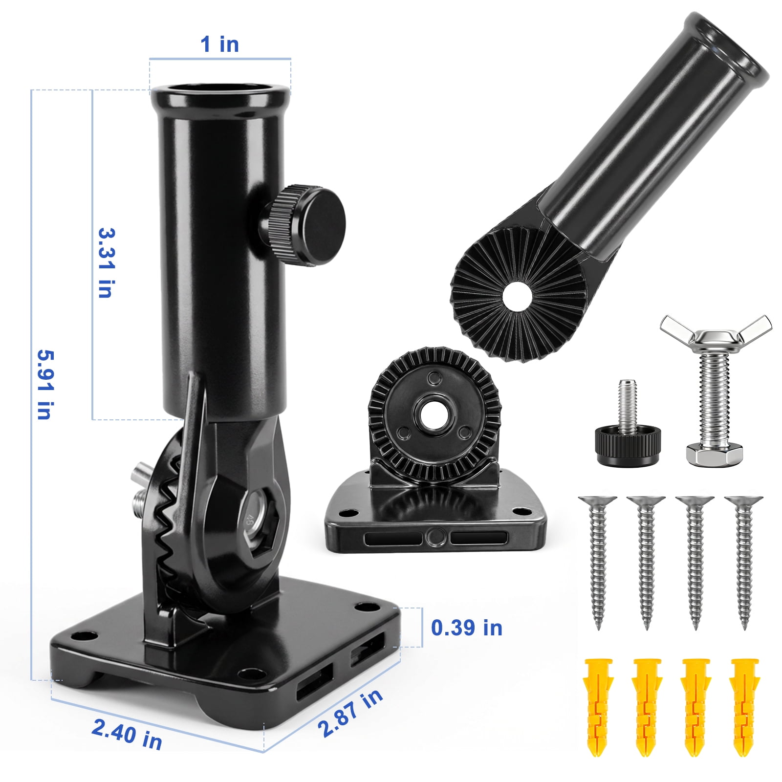 FIASON 1 Pack 1 Inch Black Metal Adjustable Flag Pole Holder Heavy Duty Aluminum Alloy 180° Rotating Flag Holder with Stainless Steel Hardware 13 Position Flag Bracket Flag Pole Mounting Bracket