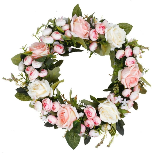 Bienvenido Künstlicher Rosenkranz, Kranz, Kranz, rosa Frühlingskranz, Seidenrosen, künstliche Blumen für Dekoration, Weihnachten, Hochzeit, Geburtstag, Kamin, Innen- und Au?enbereich, Wanddekoration