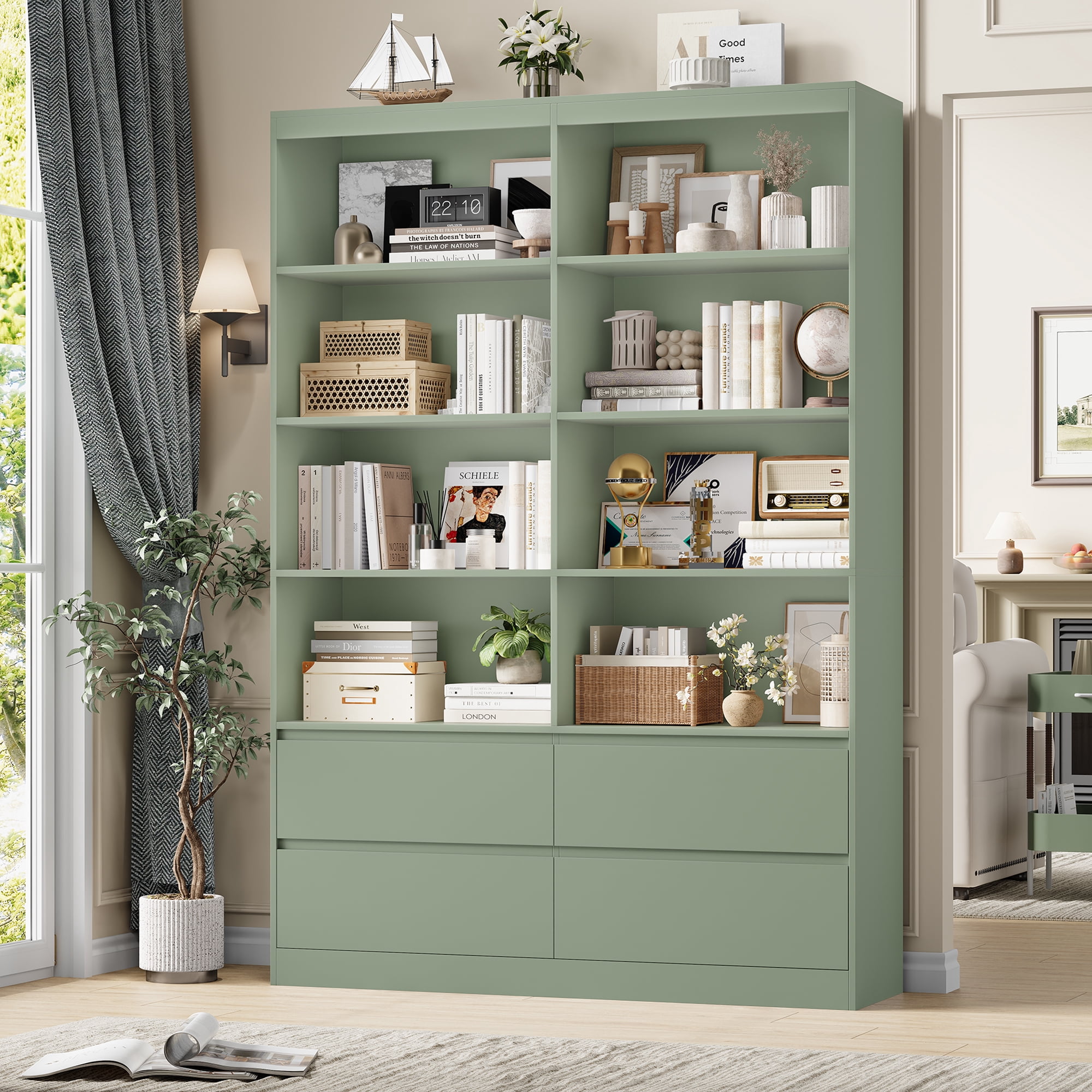 Homfa 71″ Tall Bookcase with 4 Drawers, 8 Cubes 6-Tier Double Row Bookshelf, Bookcase for Home Office Living Room, Green
