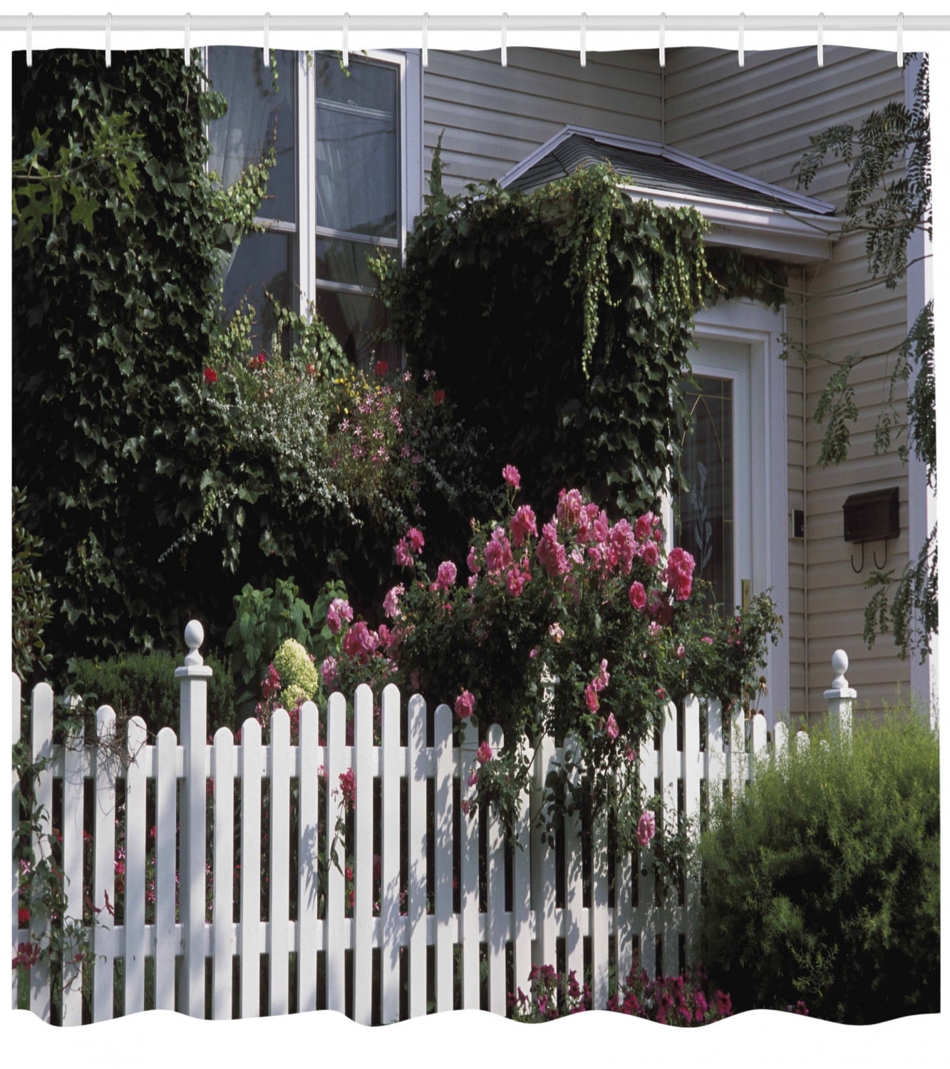 Fence Shower Curtain, Wooden Country House with Rose Garden Flowers