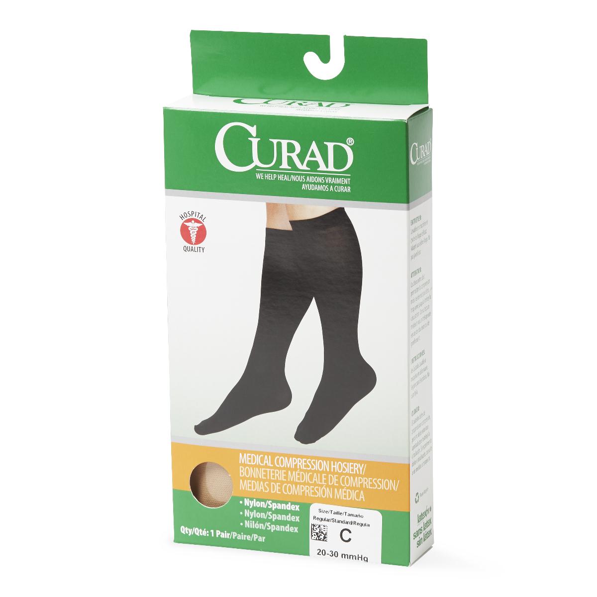 CURAD Compression Knee-High Socks with 20-30 mmHg, Tan, Size C, Regular Length, 1 Pair
