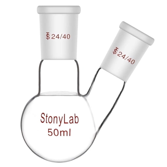 StonyLab 50ml 2-Neck Round Bottom Lab Flask, Borosilicate Glass with 24/40 Center & Side Joints