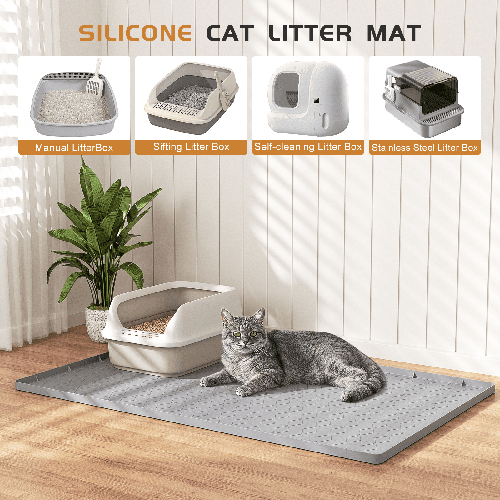 Cshidworld Cat Litter Box Mat, Large 34" X 22" Silicone Cat Mat for Litter Box, Waterproof & Non-Slip Pad for Floor, Easy to Clean Kitty Litter Pads for Indoor Cats, Gray