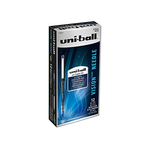 uniball Vision Needle Rollerball Pens, Micro Point (0.5mm), Blue, 12