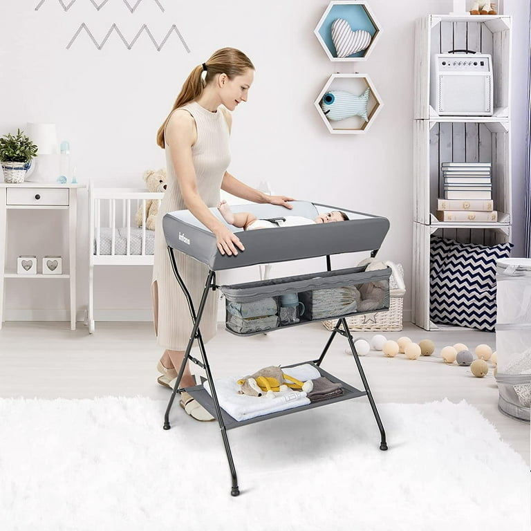 INFANS Baby Changing Table, Folding Diaper Station Portable Nursery  Organizer with Safety Belt and Large Storage Racks for Newborn Baby and  Infant